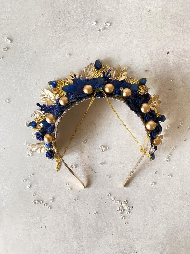 Royal Blue Gold Crown Headband: Glam Wedding Hair Jewelry – handmade floral hair accessory by magaela