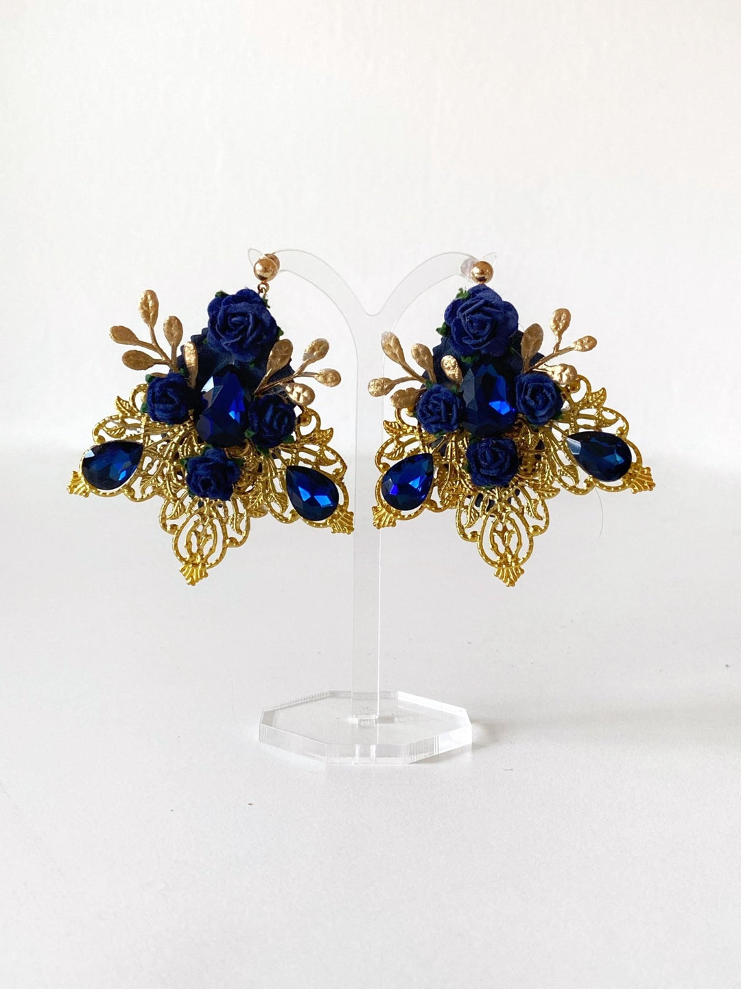 Royal Blue & Gold Glamour Earrings: Vintage Style Bridal Jewelry – handmade floral hair accessory by magaela