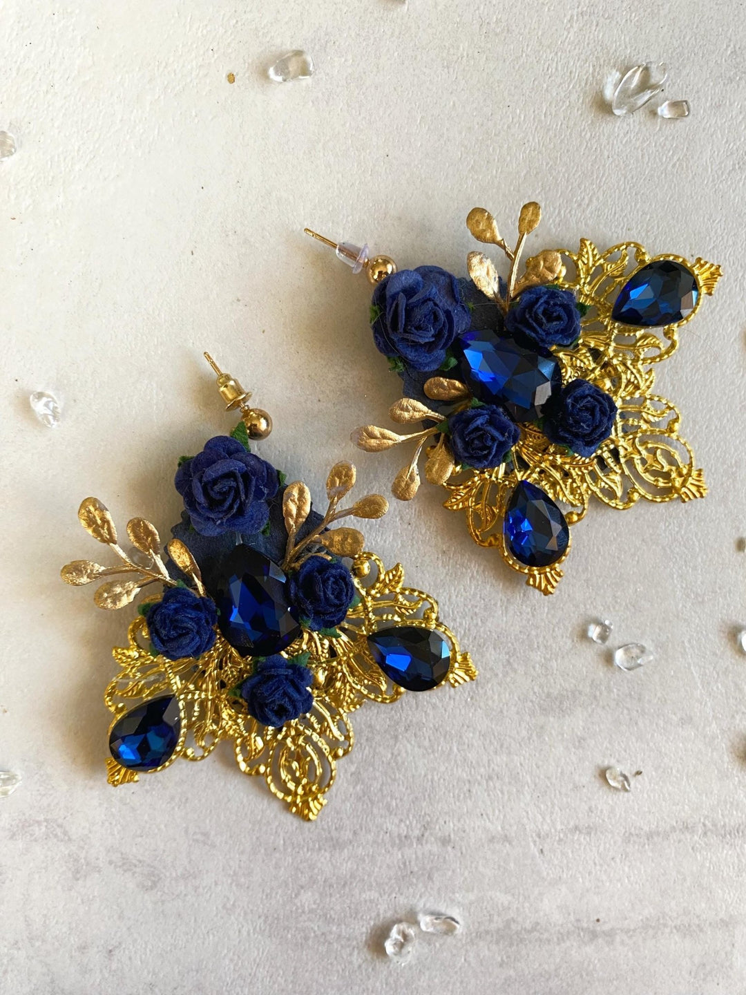 Royal Blue & Gold Glamour Earrings: Vintage Style Bridal Jewelry – handmade floral hair accessory by magaela
