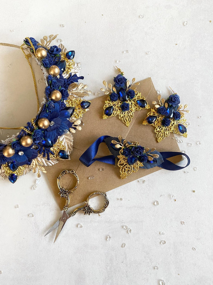 Royal Blue & Gold Glamour Earrings: Vintage Style Bridal Jewelry – handmade floral hair accessory by magaela