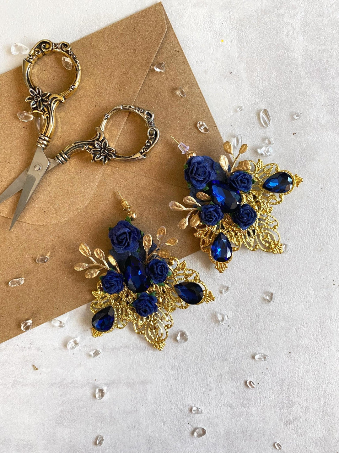 Royal Blue & Gold Glamour Earrings: Vintage Style Bridal Jewelry – handmade floral hair accessory by magaela