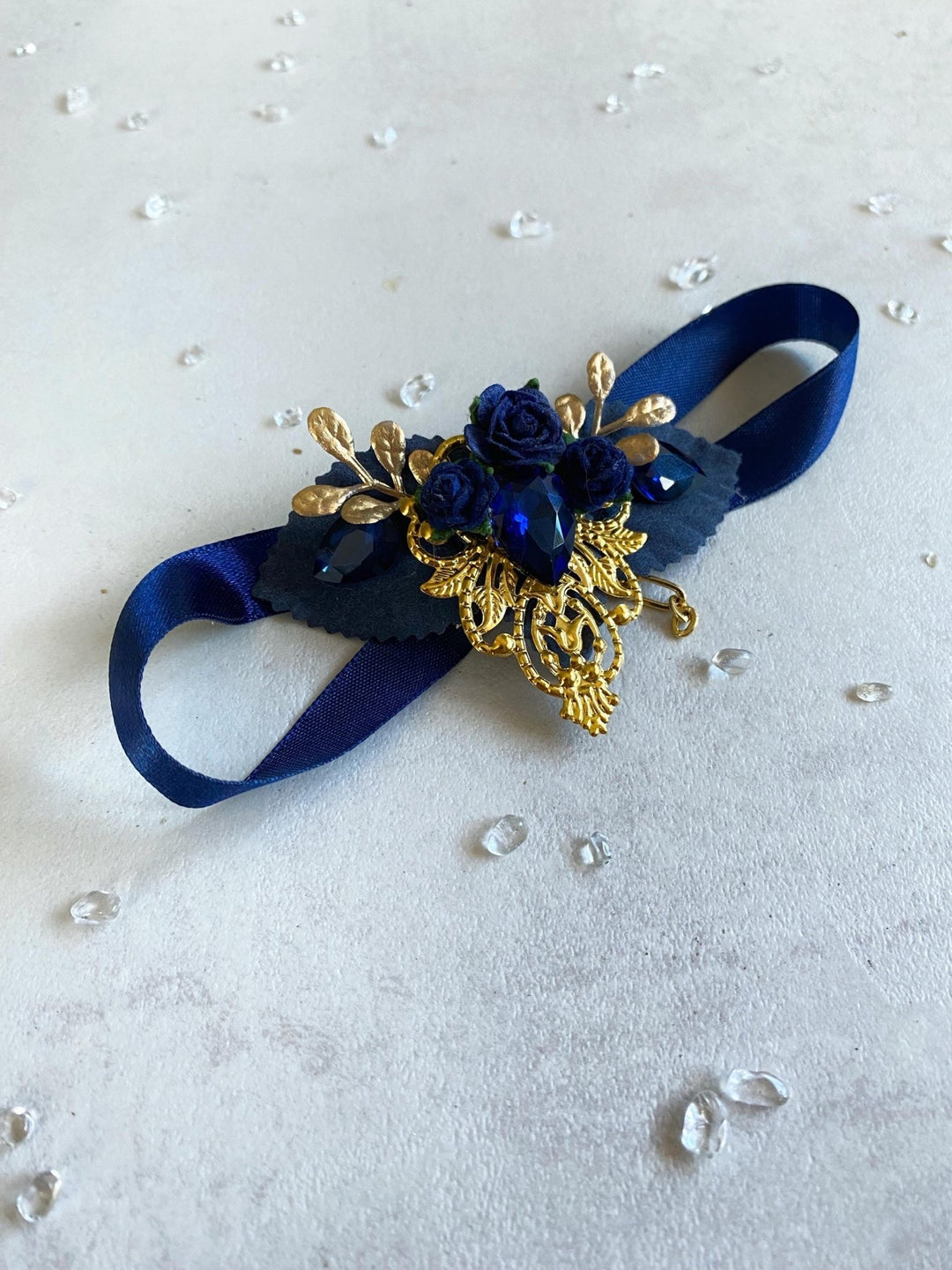 Royal Blue & Gold Glam Choker Necklace: Gothic Wedding Jewelry – handmade floral hair accessory by magaela