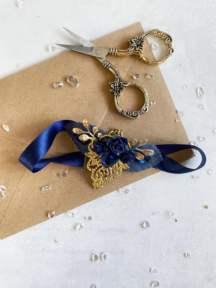 Royal Blue & Gold Glam Choker Necklace: Gothic Wedding Jewelry – handmade floral hair accessory by magaela