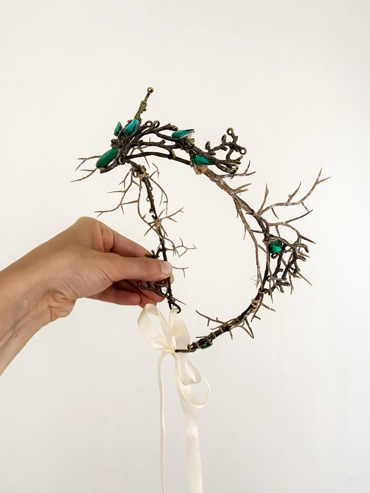 Emerald Green Fairy Crown: Woodland Wedding Bridal Tiara – handmade floral hair accessory by magaela