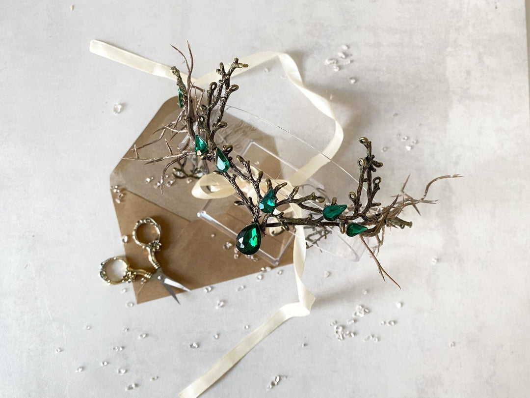 Emerald Green Fairy Crown: Woodland Wedding Bridal Tiara – handmade floral hair accessory by magaela