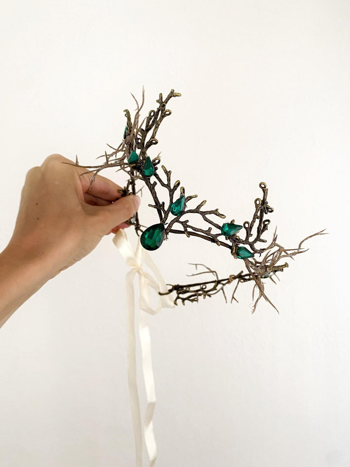 Emerald Green Fairy Crown: Woodland Wedding Bridal Tiara – handmade floral hair accessory by magaela