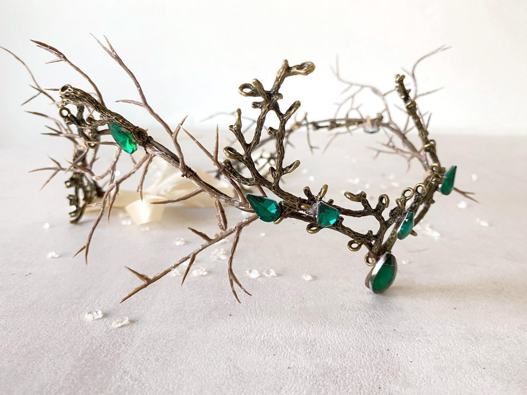 Emerald Green Fairy Crown: Woodland Wedding Bridal Tiara – handmade floral hair accessory by magaela