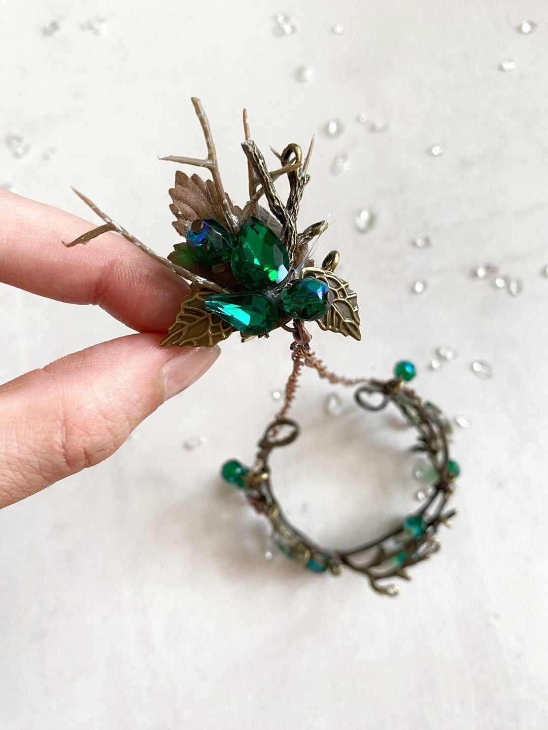 Emerald Green Floral Bracelet with Ring: Woodland Fairy Jewelry – handmade floral hair accessory by magaela