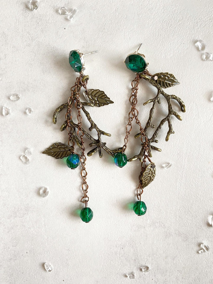 Emerald Green & Gold Wedding Earrings: Woodland Glam Bridal Jewelry – handmade floral hair accessory by magaela