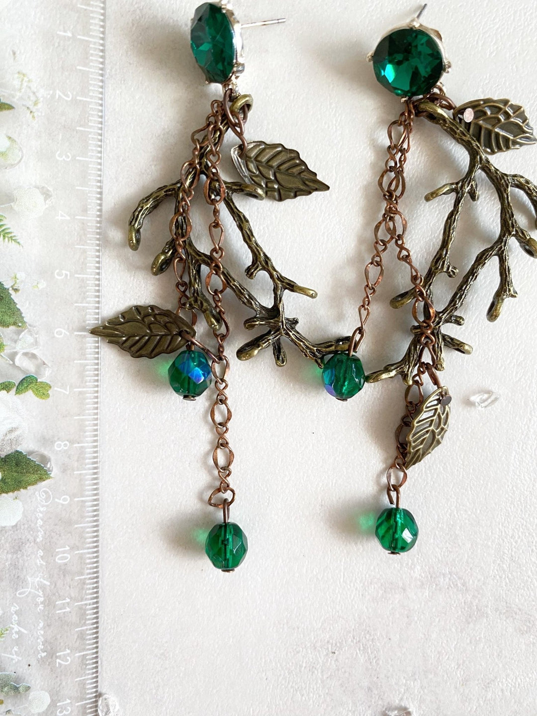Emerald Green & Gold Wedding Earrings: Woodland Glam Bridal Jewelry – handmade floral hair accessory by magaela