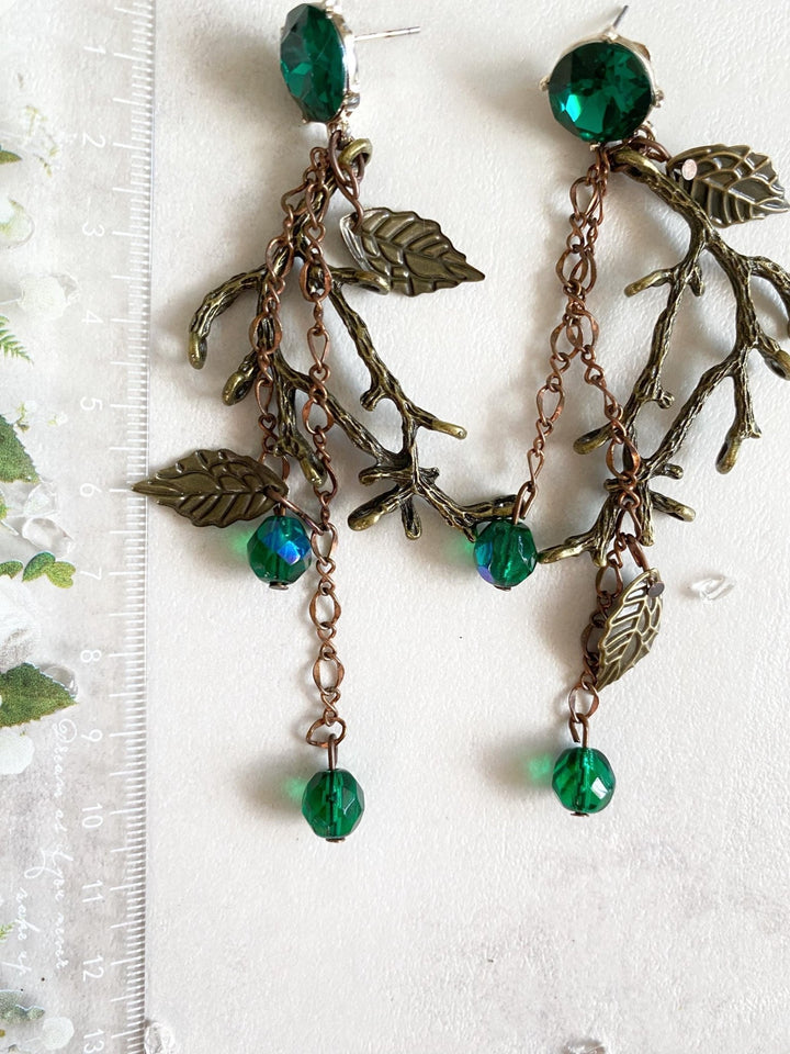 Emerald Green & Gold Wedding Earrings: Woodland Glam Bridal Jewelry – handmade floral hair accessory by magaela