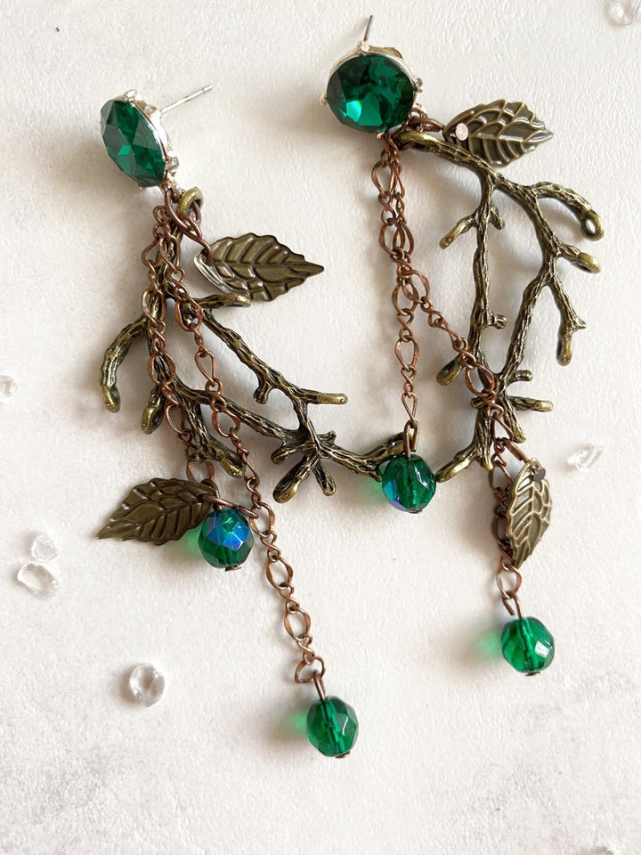 Emerald Green & Gold Wedding Earrings: Woodland Glam Bridal Jewelry – handmade floral hair accessory by magaela