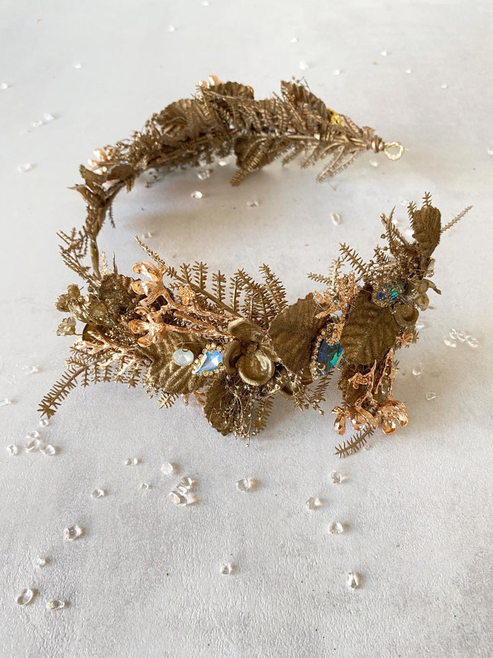 Gold Flower Crown: Glamour Bridal Tiara, Fantasy Wedding Jewelry – handmade floral hair accessory by magaela