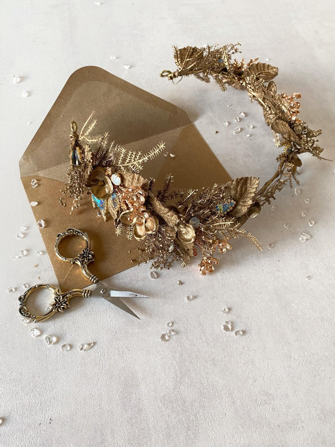 Gold Flower Crown: Glamour Bridal Tiara, Fantasy Wedding Jewelry – handmade floral hair accessory by magaela