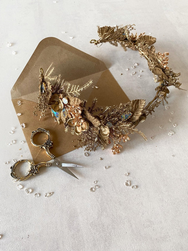 Gold Flower Crown: Glamour Bridal Tiara, Fantasy Wedding Jewelry – handmade floral hair accessory by magaela