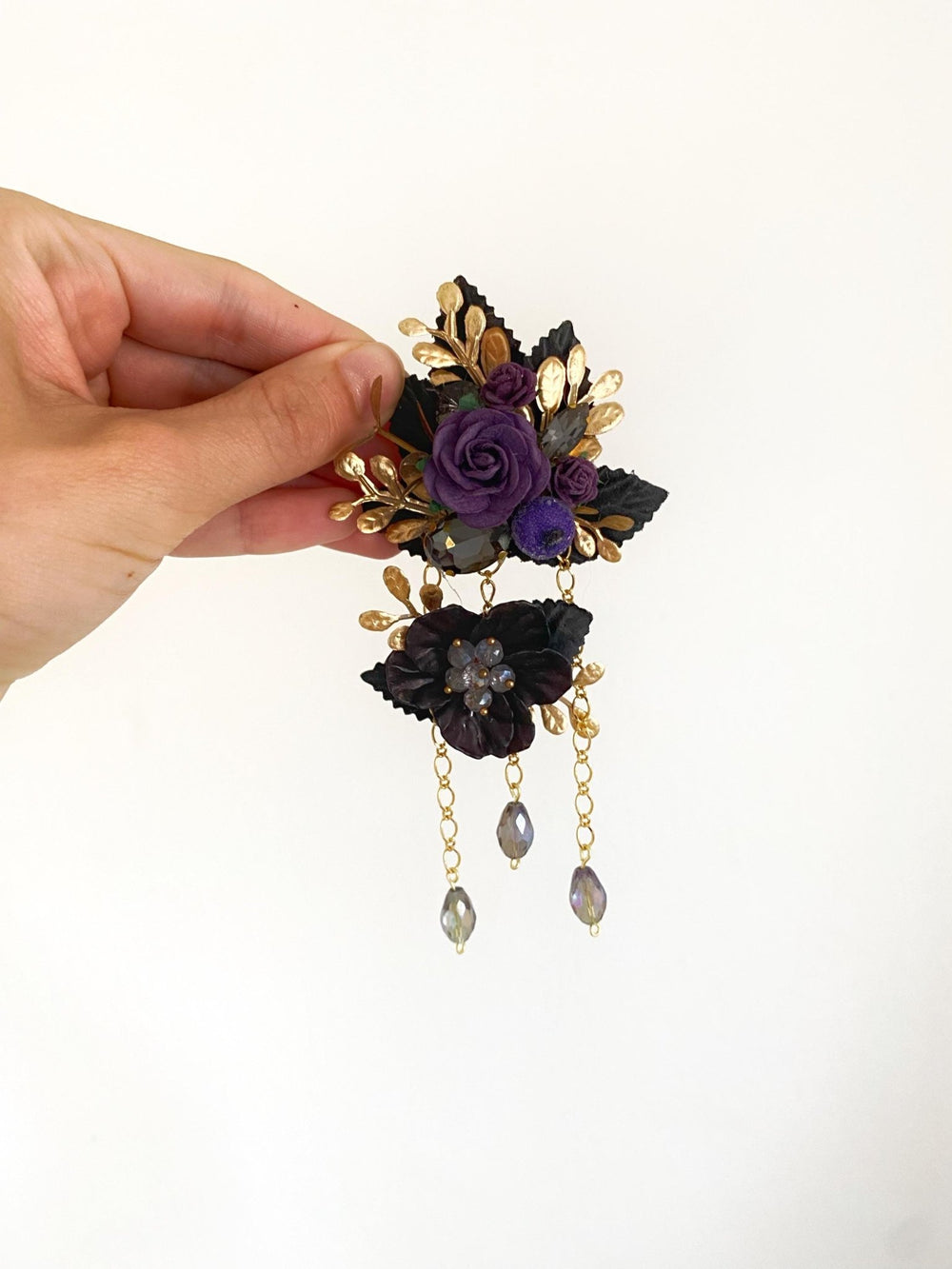 Purple Black Gold Flower Brooch: Glam Magaela Jewelry – handmade floral hair accessory by magaela