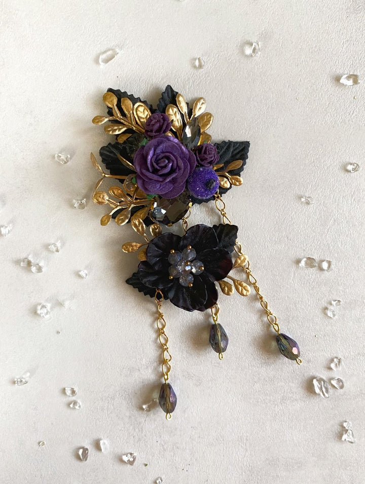 Purple Black Gold Flower Brooch: Glam Magaela Jewelry – handmade floral hair accessory by magaela