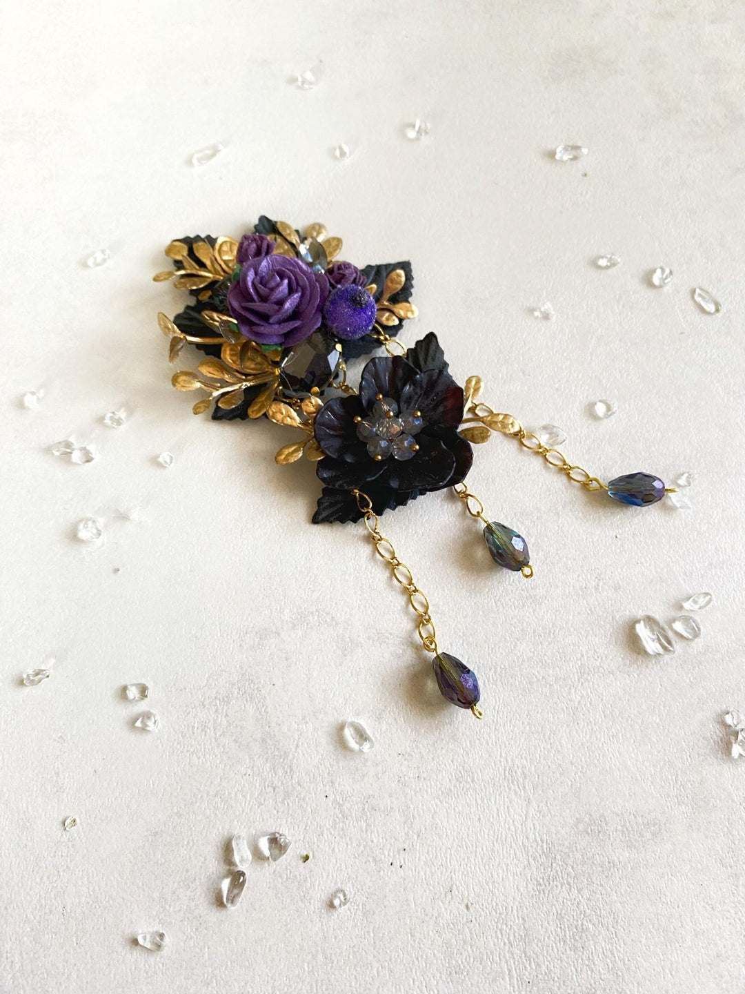 Purple Black Gold Flower Brooch: Glam Magaela Jewelry – handmade floral hair accessory by magaela