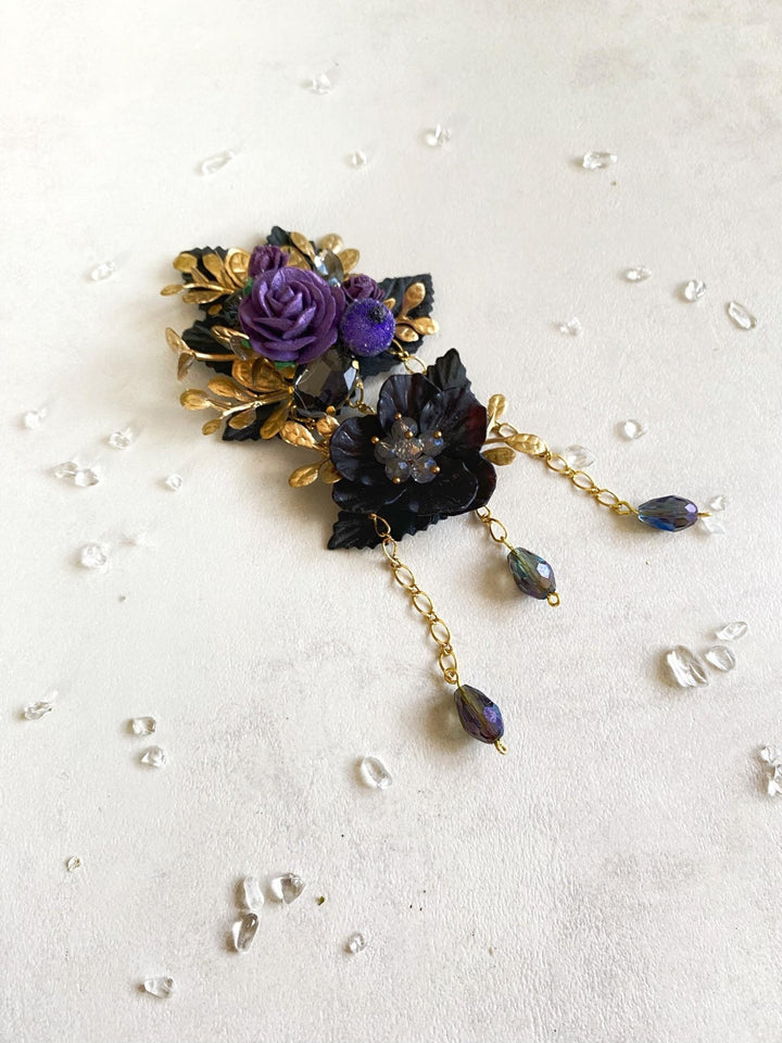 Purple Black Gold Flower Brooch: Glam Magaela Jewelry – handmade floral hair accessory by magaela