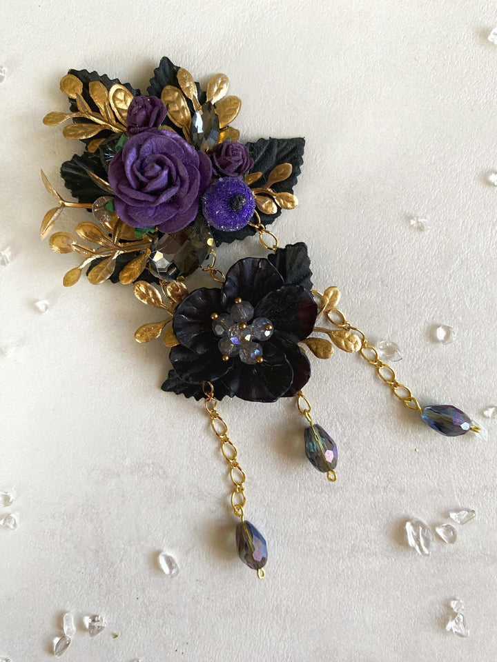 Purple Black Gold Flower Brooch: Glam Magaela Jewelry – handmade floral hair accessory by magaela