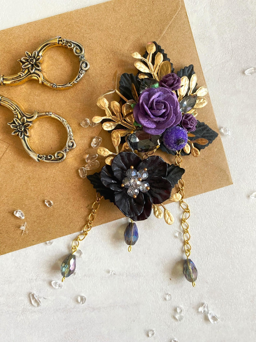 Purple Black Gold Flower Brooch: Glam Magaela Jewelry – handmade floral hair accessory by magaela