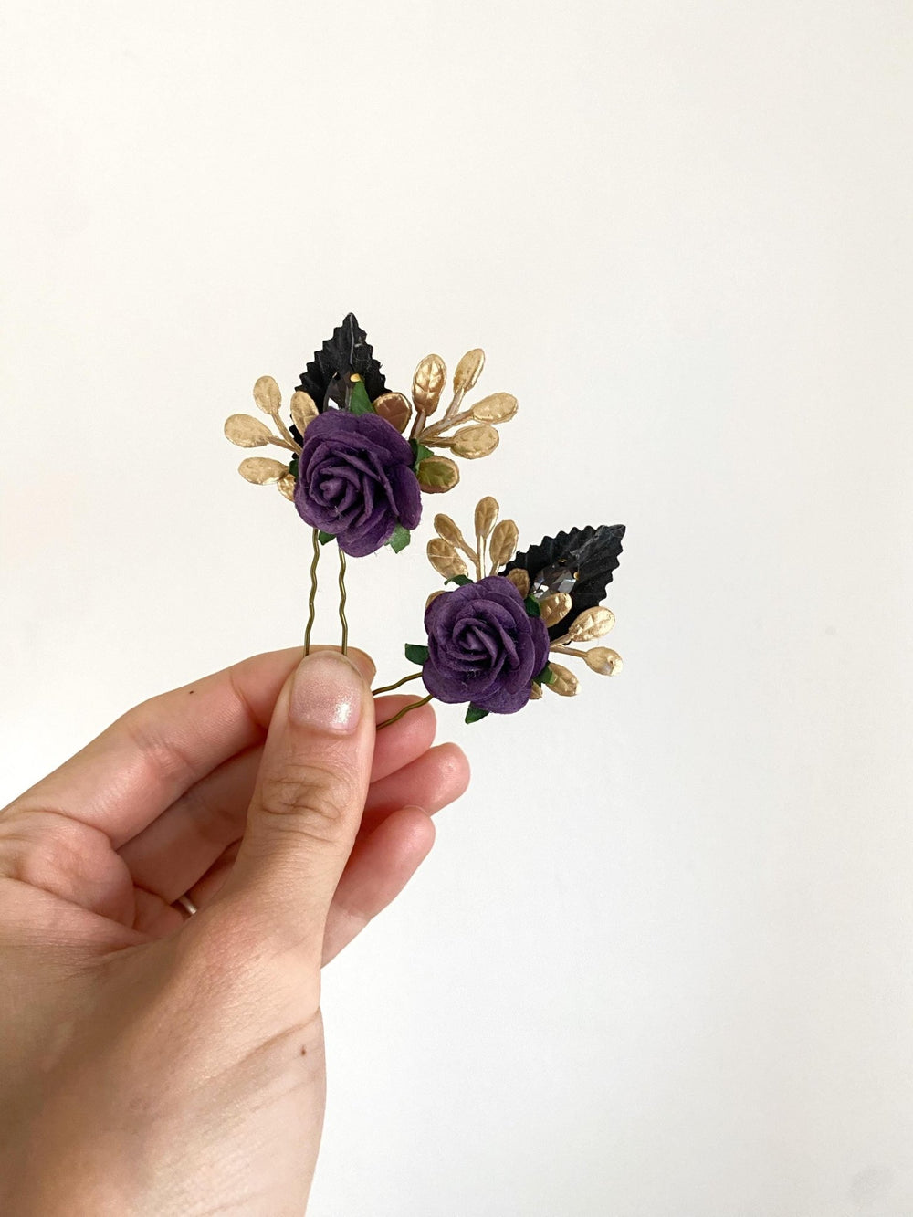 Purple & Gold Floral Hair Pins: Couture Wedding Hair Accessory – handmade floral hair accessory by magaela