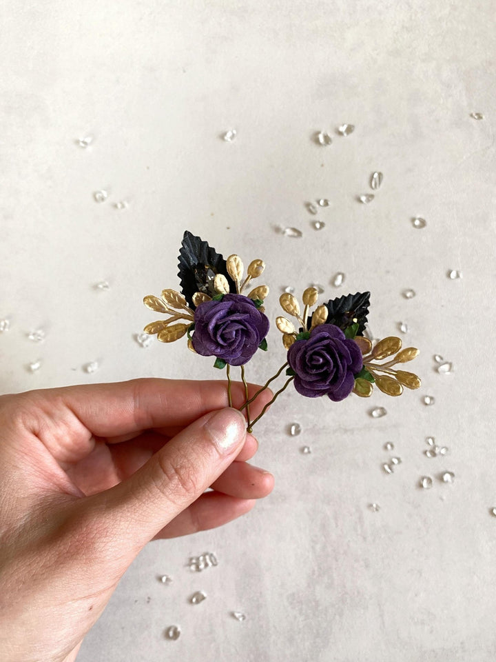 Purple & Gold Floral Hair Pins: Couture Wedding Hair Accessory – handmade floral hair accessory by magaela