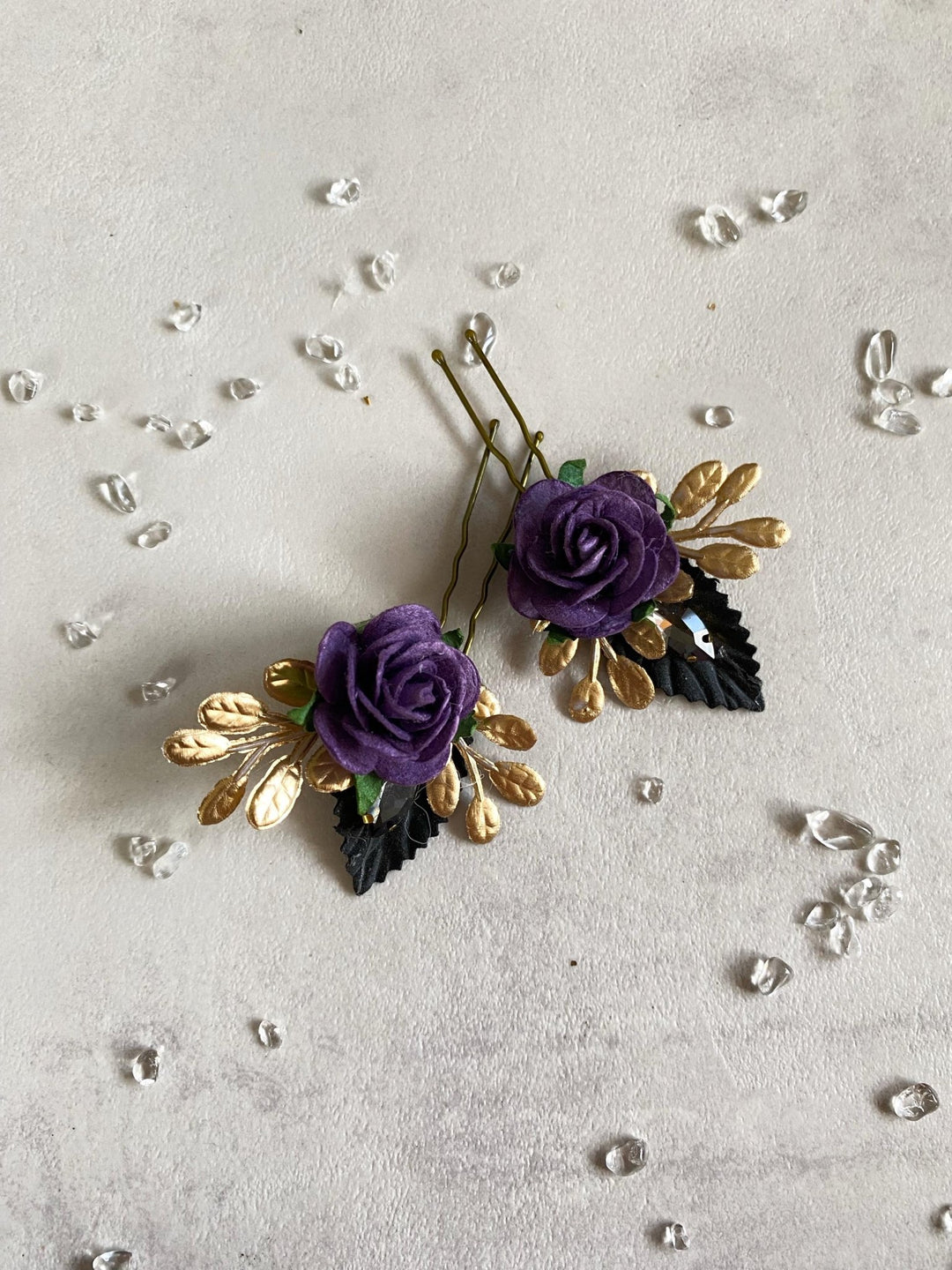 Purple & Gold Floral Hair Pins: Couture Wedding Hair Accessory – handmade floral hair accessory by magaela