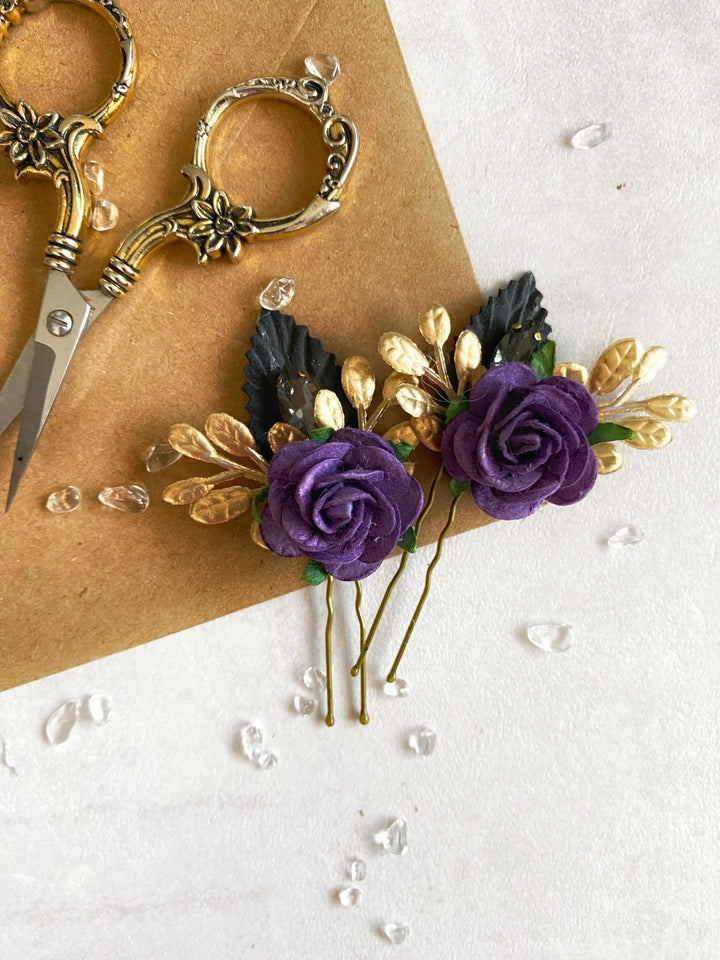 Purple & Gold Floral Hair Pins: Couture Wedding Hair Accessory – handmade floral hair accessory by magaela