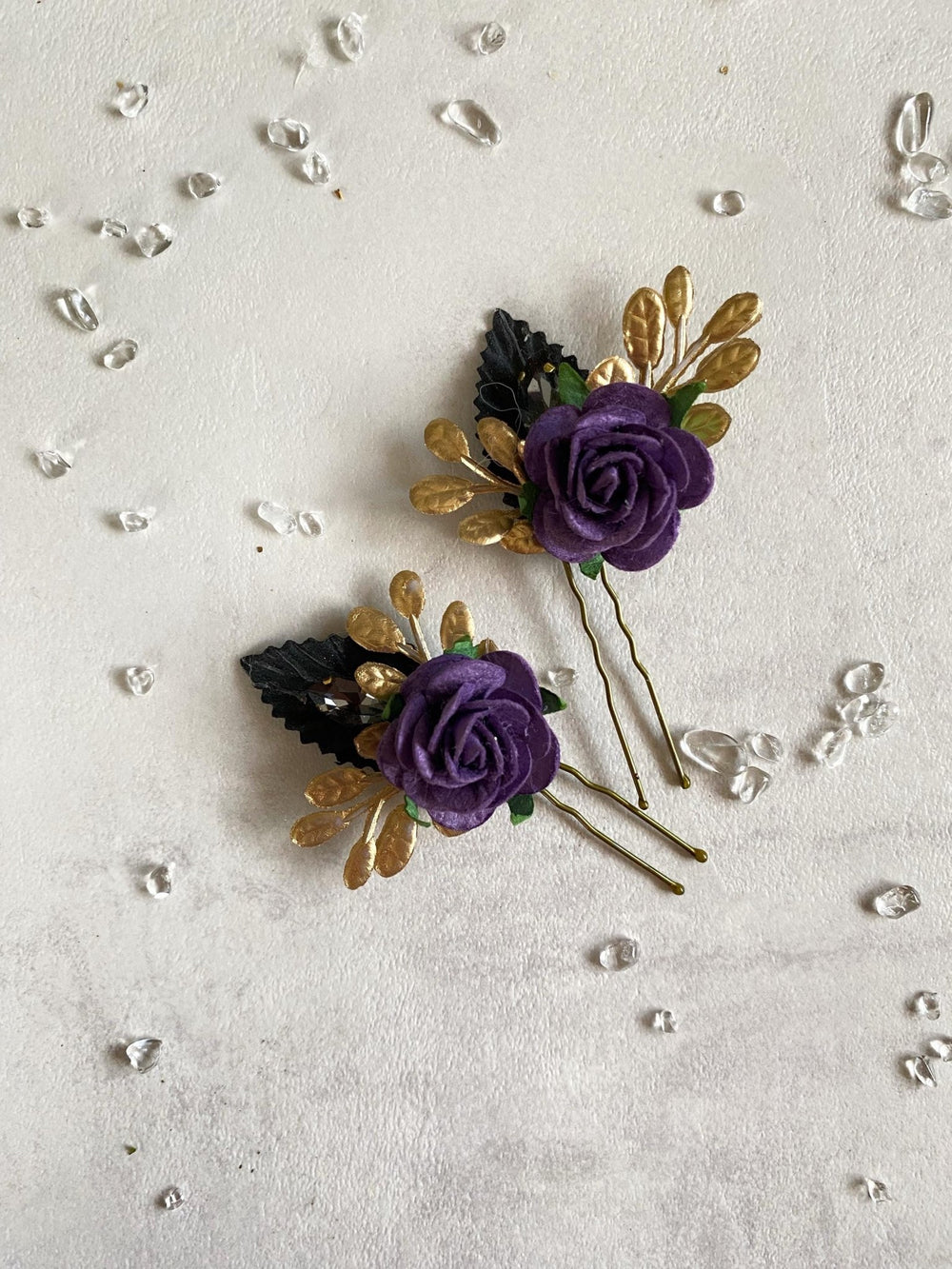 Purple & Gold Floral Hair Pins: Couture Wedding Hair Accessory – handmade floral hair accessory by magaela