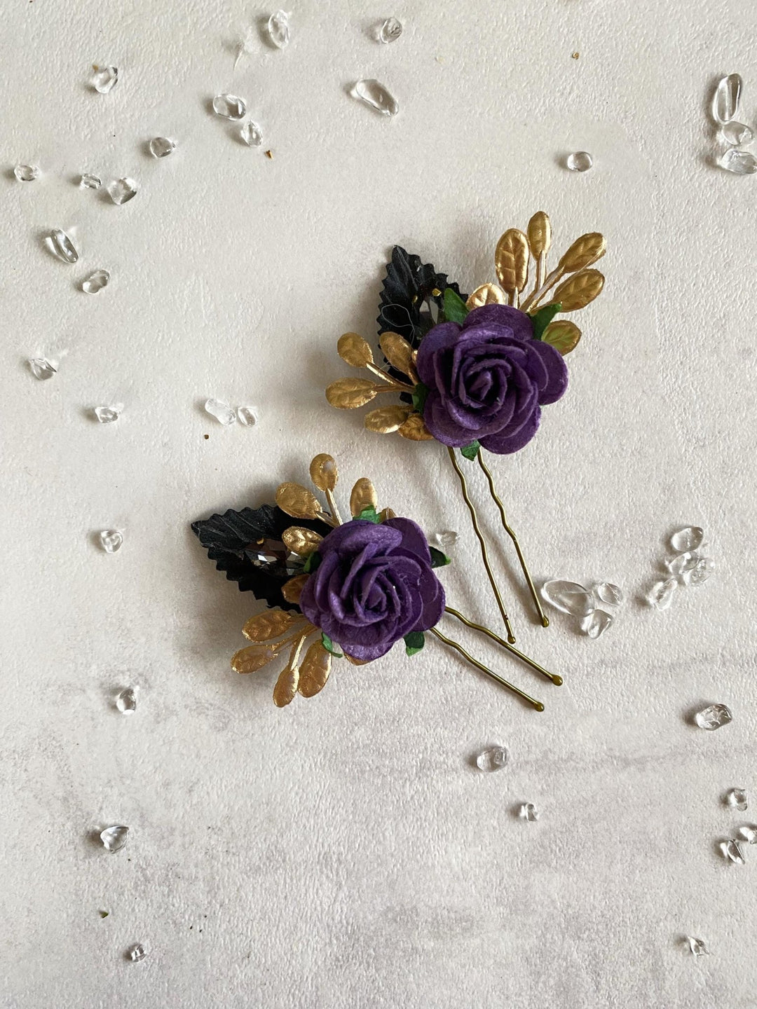 Purple & Gold Floral Hair Pins: Couture Wedding Hair Accessory – handmade floral hair accessory by magaela