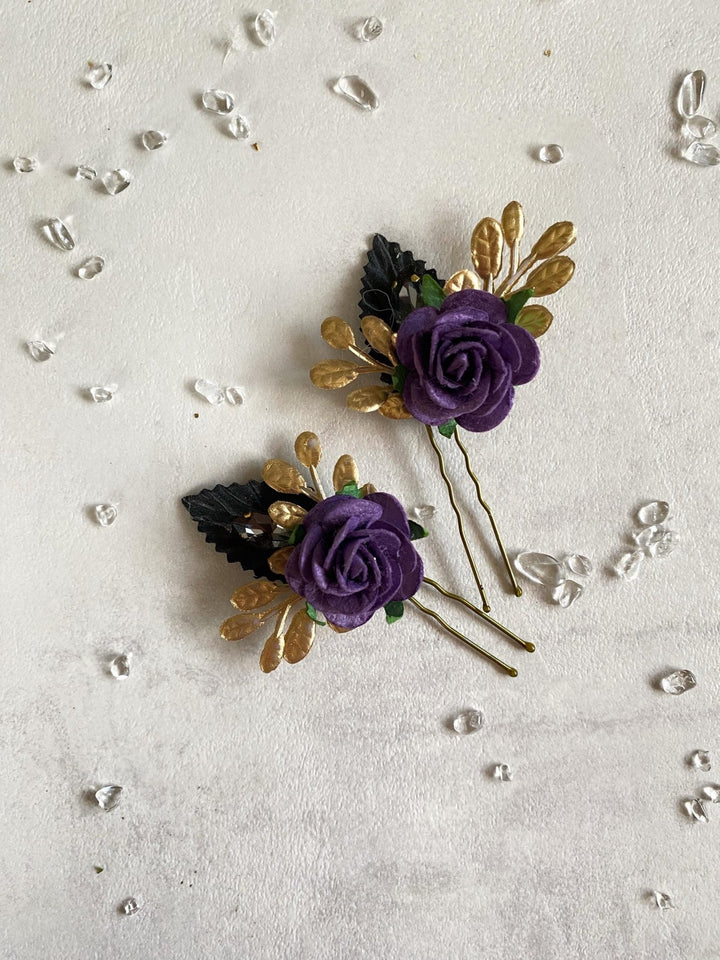 Purple & Gold Floral Hair Pins: Couture Wedding Hair Accessory – handmade floral hair accessory by magaela