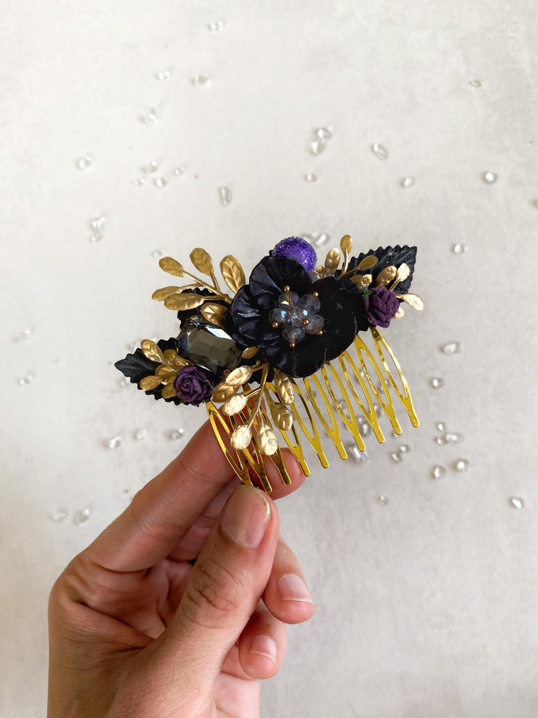 Purple Black Gold Floral Hair Comb: Glam Gothic Wedding Jewelry – handmade floral hair accessory by magaela