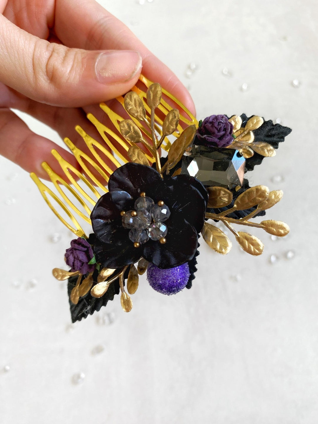Purple Black Gold Floral Hair Comb: Glam Gothic Wedding Jewelry – handmade floral hair accessory by magaela