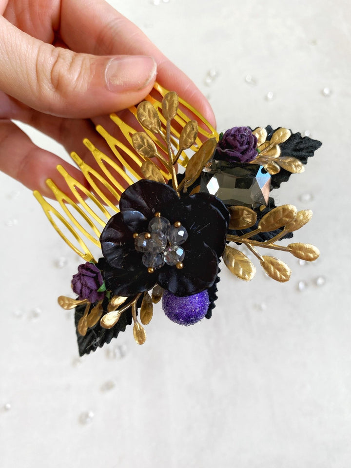Purple Black Gold Floral Hair Comb: Glam Gothic Wedding Jewelry – handmade floral hair accessory by magaela