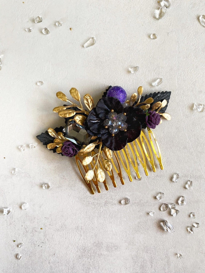 Purple Black Gold Floral Hair Comb: Glam Gothic Wedding Jewelry – handmade floral hair accessory by magaela
