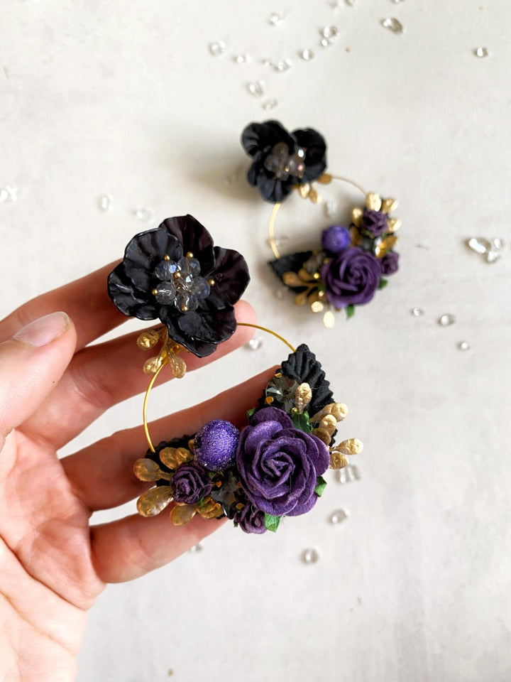 Purple & Gold Flower Earrings: Gothic Bridal Jewelry, 6cm Circle – handmade floral hair accessory by magaela