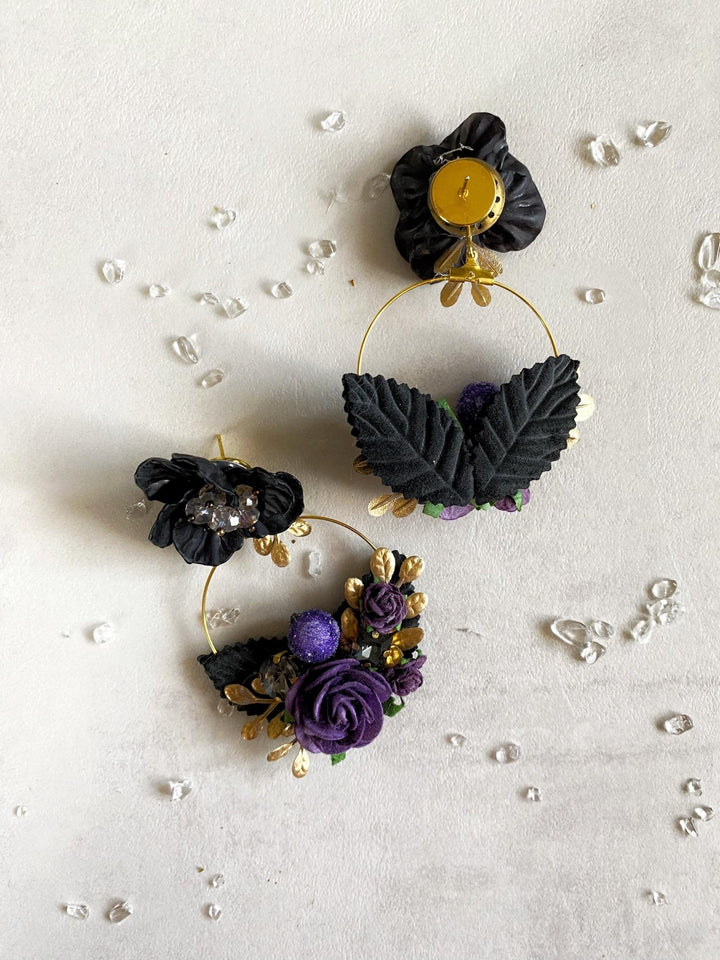 Purple & Gold Flower Earrings: Gothic Bridal Jewelry, 6cm Circle – handmade floral hair accessory by magaela
