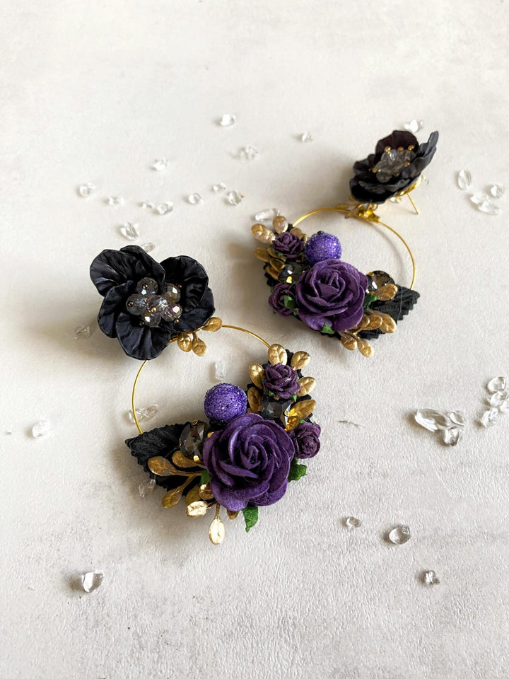 Purple & Gold Flower Earrings: Gothic Bridal Jewelry, 6cm Circle – handmade floral hair accessory by magaela