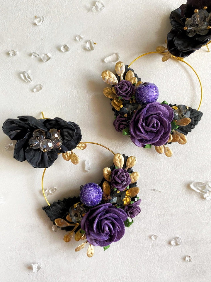 Purple & Gold Flower Earrings: Gothic Bridal Jewelry, 6cm Circle – handmade floral hair accessory by magaela