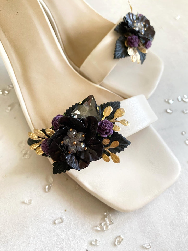 Black Purple & Gold Flower Shoe Clips: Gothic Glam Bridal Jewelry – handmade floral hair accessory by magaela