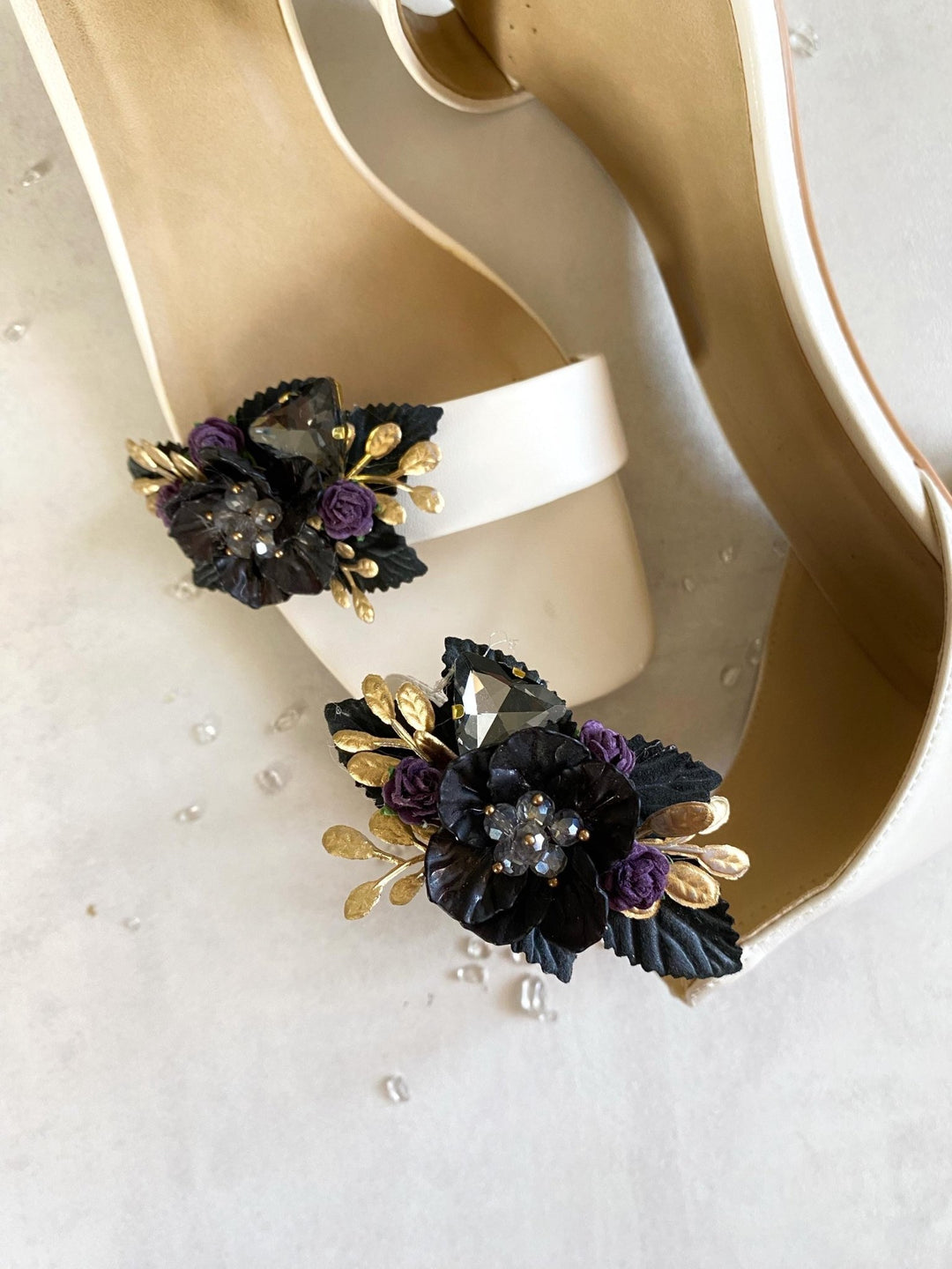 Black Purple & Gold Flower Shoe Clips: Gothic Glam Bridal Jewelry – handmade floral hair accessory by magaela
