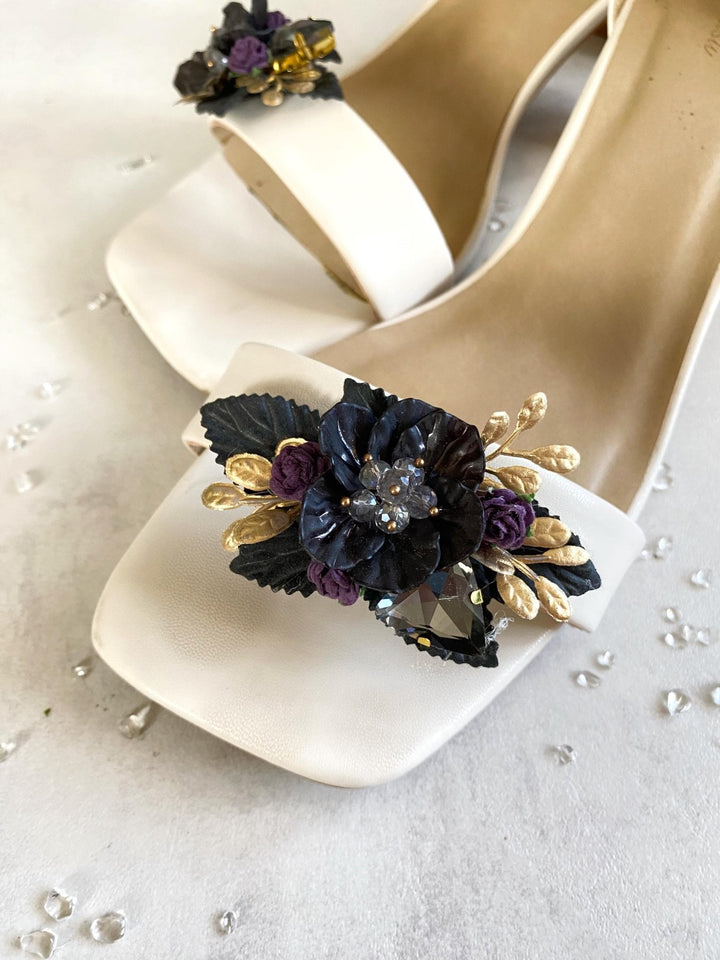 Black Purple & Gold Flower Shoe Clips: Gothic Glam Bridal Jewelry – handmade floral hair accessory by magaela