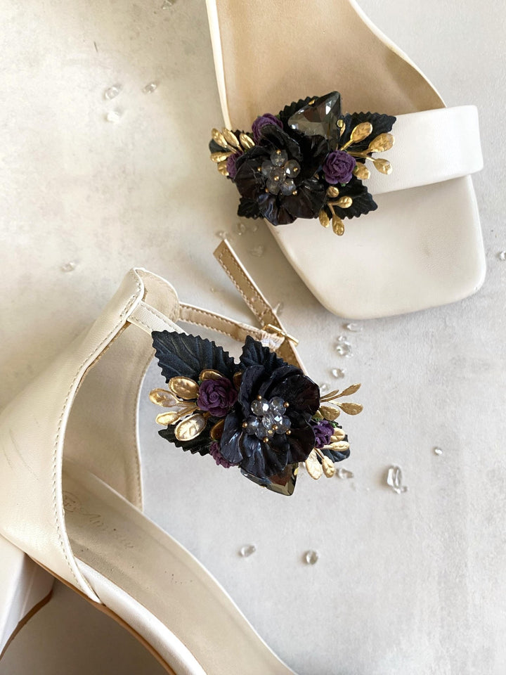 Black Purple & Gold Flower Shoe Clips: Gothic Glam Bridal Jewelry – handmade floral hair accessory by magaela