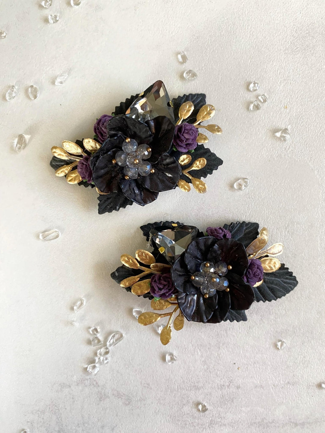 Black Purple & Gold Flower Shoe Clips: Gothic Glam Bridal Jewelry – handmade floral hair accessory by magaela