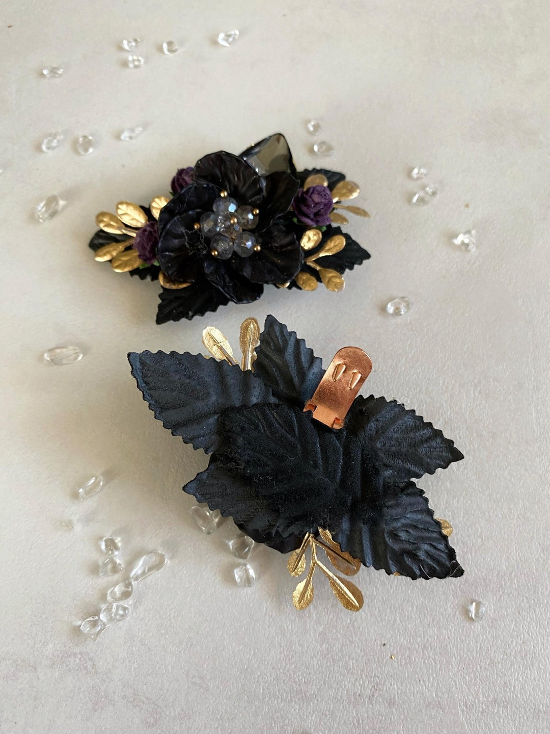 Black Purple & Gold Flower Shoe Clips: Gothic Glam Bridal Jewelry – handmade floral hair accessory by magaela