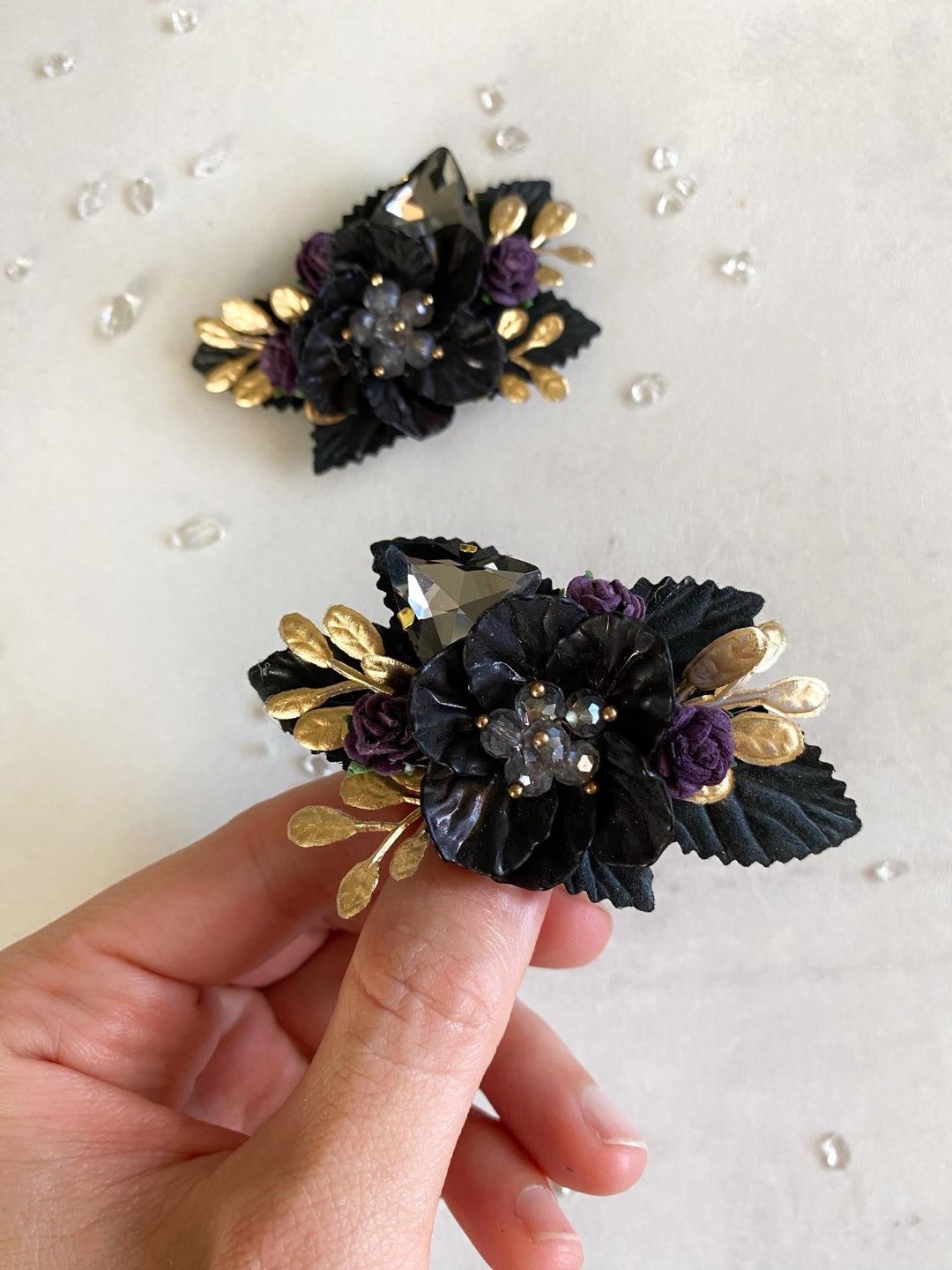 Black Purple & Gold Flower Shoe Clips: Gothic Glam Bridal Jewelry – handmade floral hair accessory by magaela