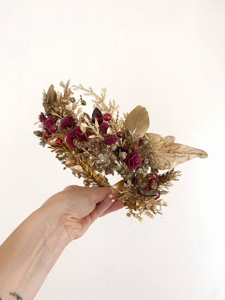 Burgundy Gold Flower Crown: Glam Bridal Tiara, Fantasy Wedding – handmade floral hair accessory by magaela