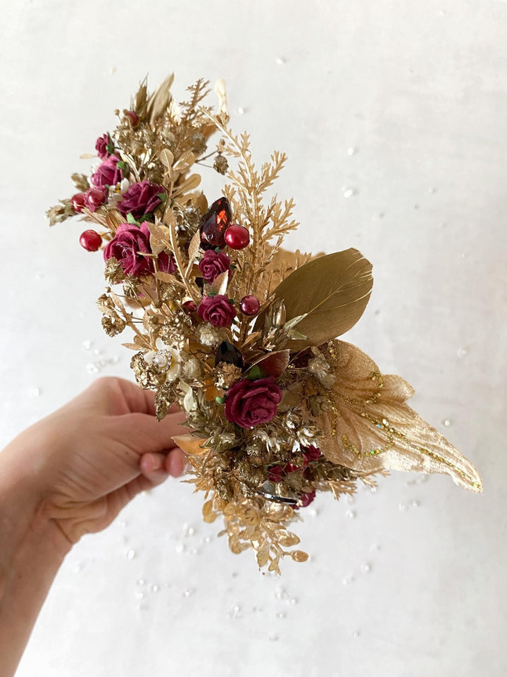 Burgundy Gold Flower Crown: Glam Bridal Tiara, Fantasy Wedding – handmade floral hair accessory by magaela