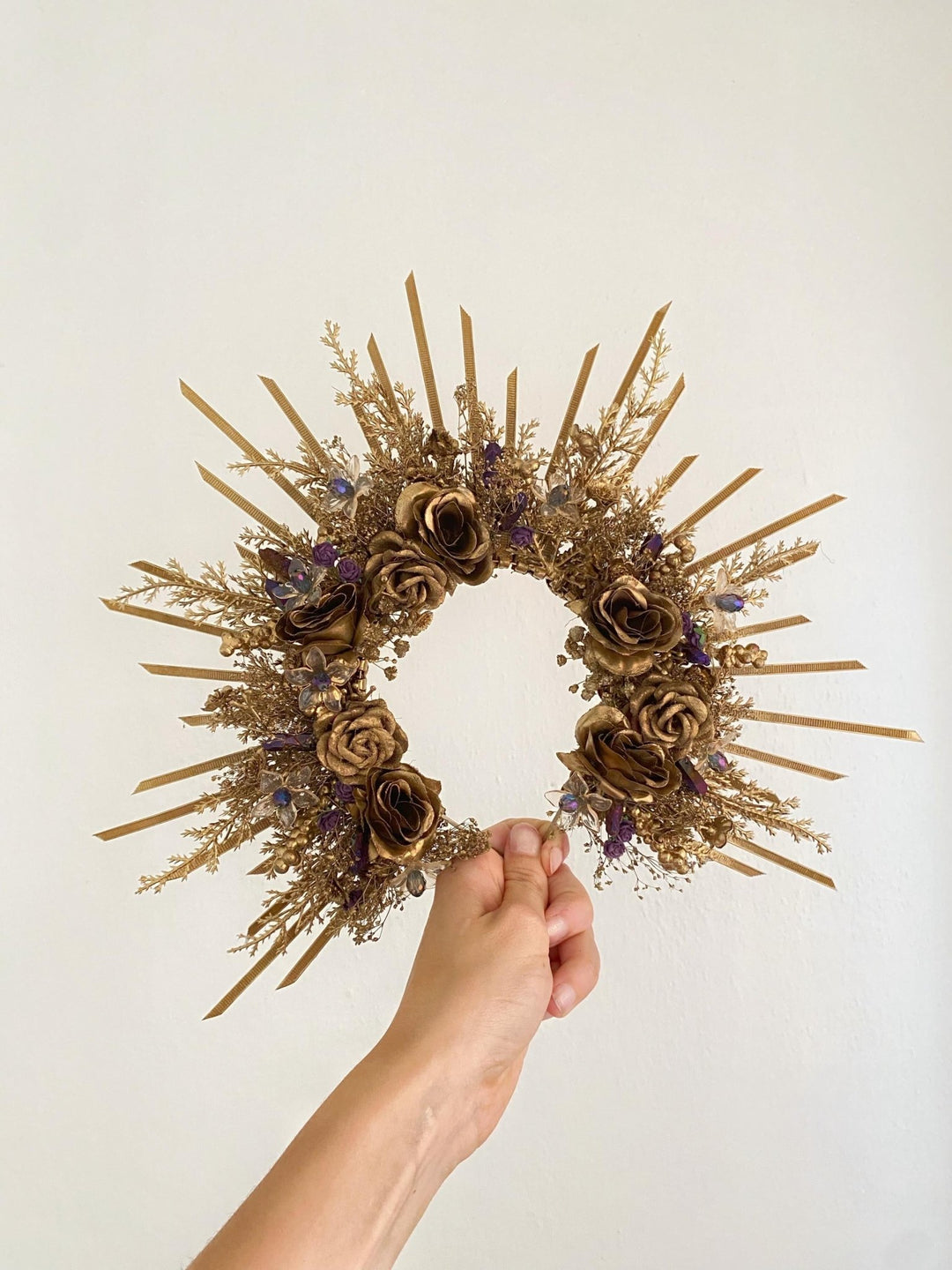 Gold & Purple Halo Crown: Crystal Bead Spiked Sun Ray Crown – handmade floral hair accessory by magaela